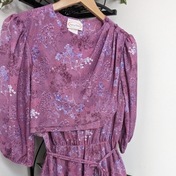 Vintage 70's Purple Flowy Floral Bib Cottage Core Midi Amy-Deb Dress Made in USA - Picture 2 of 16